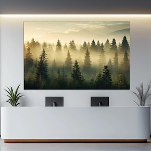 Impresión en lienzo de bosque brumoso, arte mural de bosque, pintura de bosque brumoso, arte mural de naturaleza