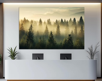 Misty Forest Canvas Print, Forest Wall Art, Foggy Forest Painting, Nature Wall Art