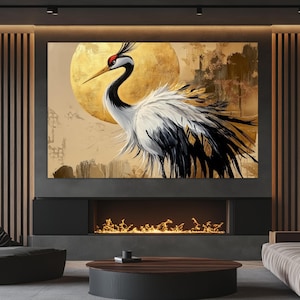 Japanese Style Crane Canvas Print, Crane Painting, Birds Wall Art, Japanese Wall Decor, Abstract Crane Print