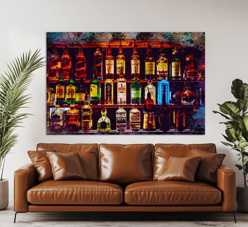 Alcohol Wall Art, Bottles with Alcohol Drinks Canvas Print, Alcohol Painting, Kitchen Wall Decor, Pub Wall Art, Restaurant Print image 2