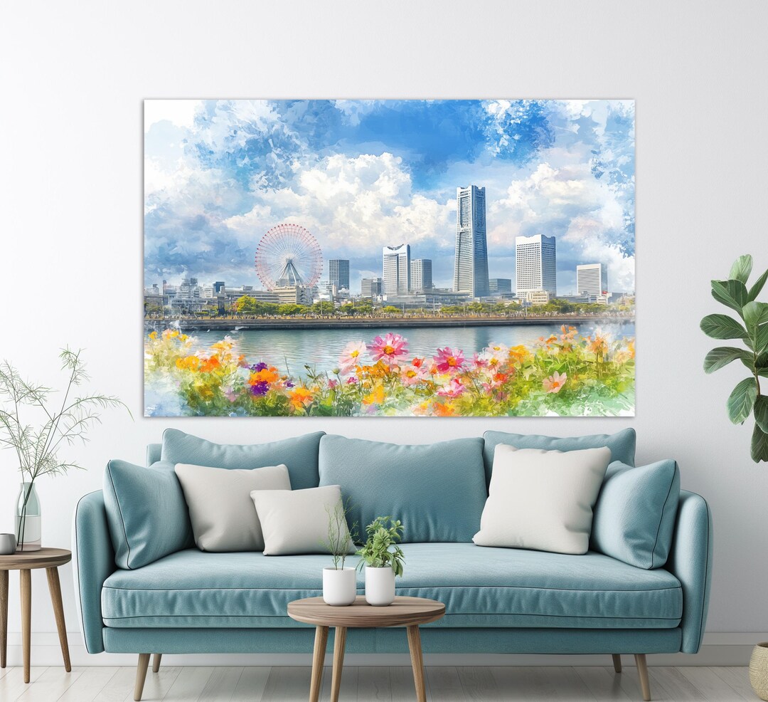 都市の風景 イラスト キャンバスアート 横浜キャンバスプリント、横浜絵画、日本のウォールアート、日本の