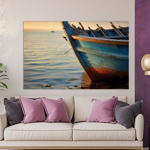 Old Fishing Boat Canvas Print, Abstract Boat Poster, Fisherman Gift, Boat on the Lake