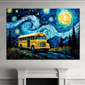 School Bus Canvas Print, School Wall Decor, Van Gogh Style Painting, School Bus Driver Gift