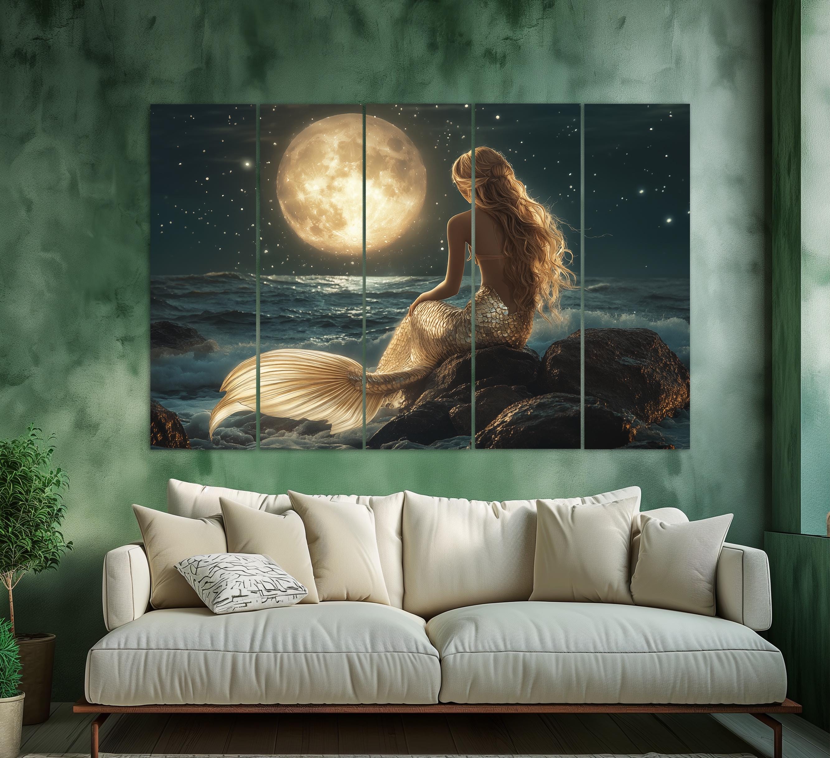 Beautiful Mermaid With Golden Hair by the Sea Canvas Print, Full Moon ...