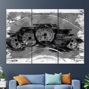 May include: A black and white abstract painting of a car's dashboard with a speedometer, tachometer, and other gauges. The gauges are in focus, while the rest of the dashboard is blurred.