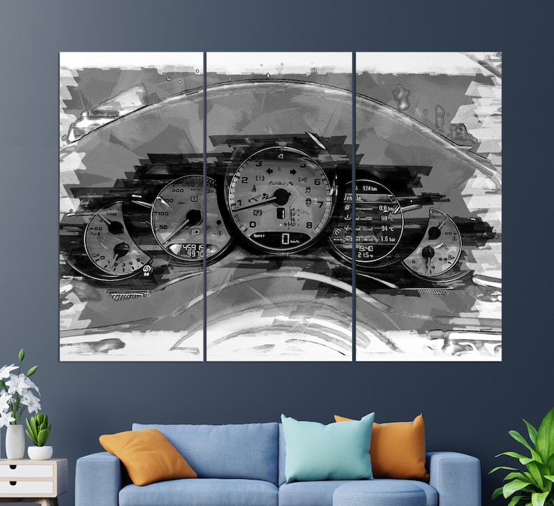 May include: A black and white abstract painting of a car's dashboard with a speedometer, tachometer, and other gauges. The gauges are in focus, while the rest of the dashboard is blurred.