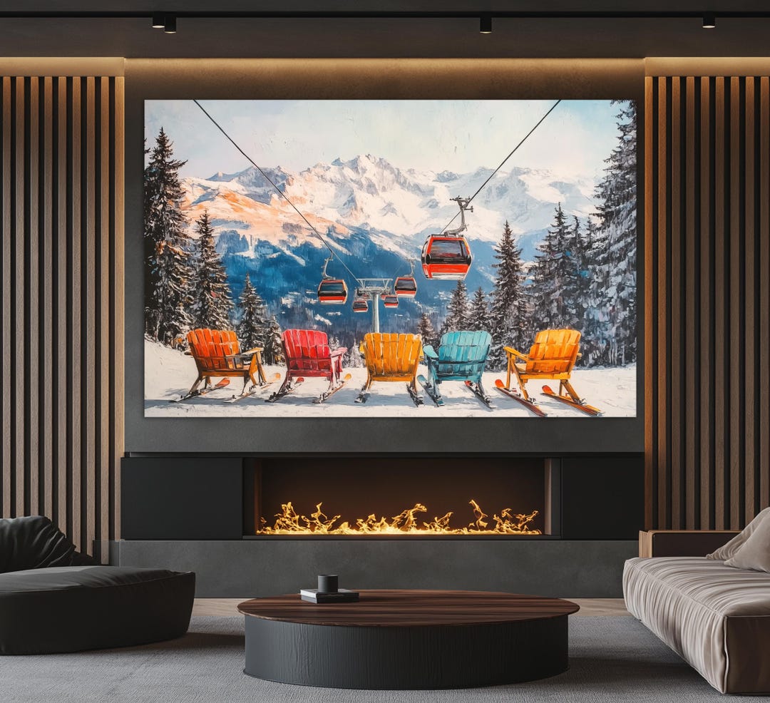 Ski Lift Canvas Print, Winter Painting, Abstract Ski Wall Art, Ski Lift ...