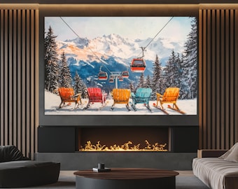 Impresión en lienzo de telesilla, pintura invernal, arte abstracto de pared de esquí, pintura de telesilla, regalo para esquiadores, regalo para instructores de esquí