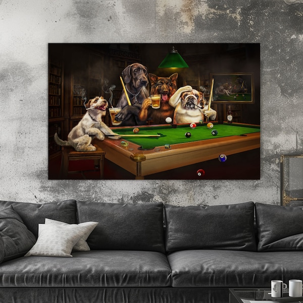 Impression sur toile Chiens jouant au billard, décoration de salle de billard, art mural billard, peinture billard, décoration murale billard