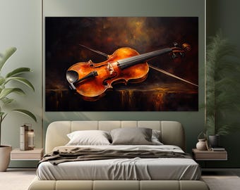 Impresión en lienzo de pintura al óleo de violín, arte mural de violín vintage, regalo de violinista