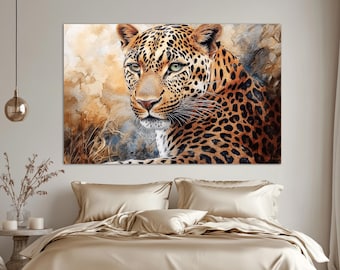 May include: A close-up portrait of a leopard with a watercolor background. The leopard has a light brown coat with black spots and stripes. The leopard's eyes are green and it is looking directly at the viewer.