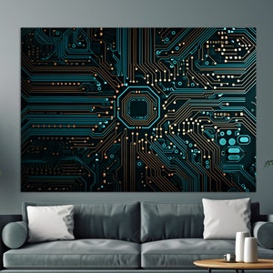 以下が含まれることがあります： 黒の背景に青とオレンジの線が描かれた回路基板のデザインを特徴とする抽象的なデジタルアートプリントです。