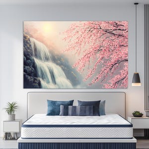 Waterfall and Sakura Tree Blossom Oil Painting Canvas PRINT, Japanese Garden Wall Art, Soft Pink Sakura Wall Art, Japanese Wall Decor
