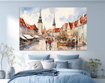 Tallinn Canvas Print, Vintage Tallinn Painting, Abstract Tallinn Wall Art, Estonia