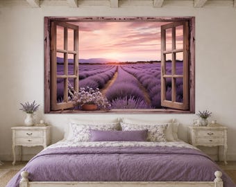 Window to Lavender Field Canvas Print, Lavender Field Wall Art, Faux Window Painting, Modern Canvas Art