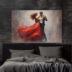 Dancing Couple Oil Painting Canvas Print, Dancing Wall Art, Red Dress Tango Dancing Girl Painting, Dancing Class Decor