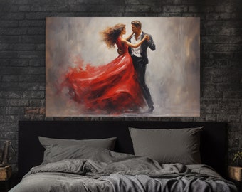 Dancing Couple Oil Painting Canvas Print, Dancing Wall Art, Red Dress Tango Dancing Girl Painting, Dancing Class Decor