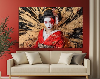 Impresión en lienzo de una hermosa geisha con kimono rojo, pintura de una mujer japonesa, arte mural japonés, póster de una mujer japonesa, pintura de una geisha