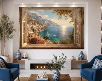 May include: A large rectangular wall art print depicting an open window view of a coastal Mediterranean town with white buildings on a cliffside, turquoise water, sailboats, and a golden sunset sky, framed by sheer curtains and wooden window frames.