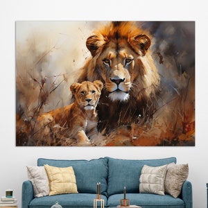 Lions Wall Art, Lion win Lion Cub Canvas Print, Lion with Cub Painting