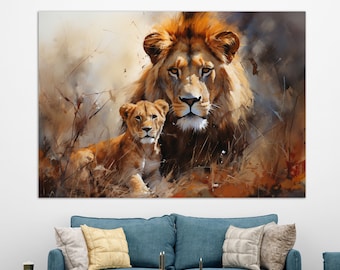 Arte mural de leones, impresión en lienzo de un león con un cachorro, pintura de un león con un cachorro