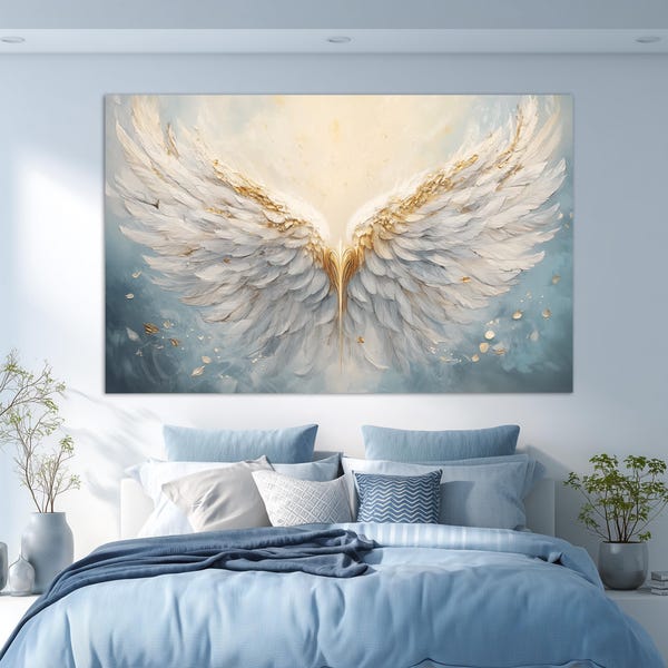 Abstract Angel Wings Canvas Print, White Angel Wings Painting, Religious Wall Art, Angels Wall Art, Religious Wall Decor