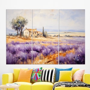 May include: A painting depicting a white farmhouse set against a backdrop of a lavender field. The sky is a light blue with white clouds. Trees and bushes surround the farmhouse. The lavender field is in full bloom, showcasing vibrant purple flowers.