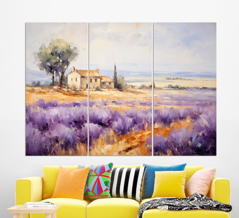 May include: A painting depicting a white farmhouse set against a backdrop of a lavender field. The sky is a light blue with white clouds. Trees and bushes surround the farmhouse. The lavender field is in full bloom, showcasing vibrant purple flowers.