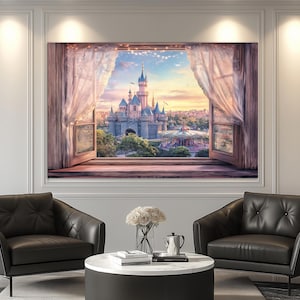 Fenster zum Märchenschloss Leinwanddruck, Wandkunst des offenen Fensters, Prinzessinenschloss Malerei, Schlosswandkunst, Mädchenraumdekor