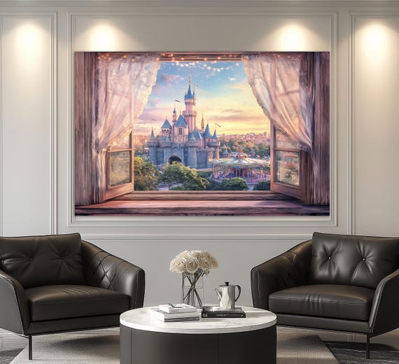 Window to Fairytale Castle Canvas Print, Open Window Wall Art, Princess Castle Painting, Castle Wall Art, Girl Room Decor