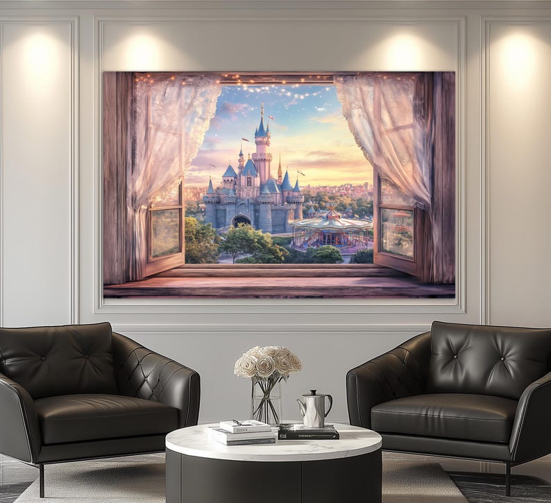 Window to Fairytale Castle Canvas Print, Open Window Wall Art, Princess Castle Painting, Castle Wall Art, Girl Room Decor image 1