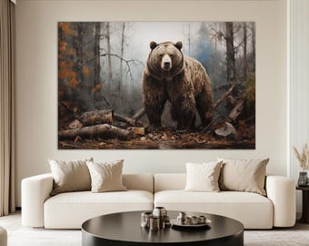 Impressão em tela de urso pardo na floresta, pintura de urso, arte de parede de urso, impressão em tela de urso pardo na floresta, impressão em tela de paisagem natural