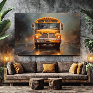 Retro Schulbus Ölgemälde Leinwand, Vintage Schulwandkunst, Schulbusfahrer Geschenk