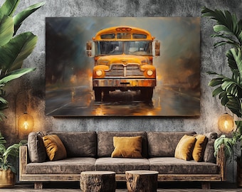 Retro School Bus Oil Painting Canvas Print, Vintage School Wall Art, School Bus Driver Gift