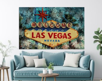 May include: A vintage-style welcome sign for Las Vegas, Nevada. The sign is yellow with red lettering and a blue and white starburst design. The sign is set against a blue and green background with white paint splatters.
