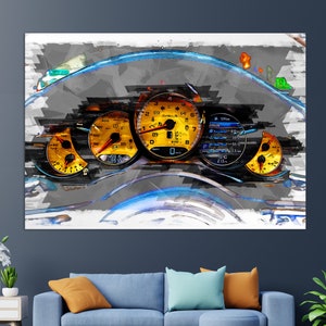 May include: A watercolor-style illustration of a car's dashboard with a speedometer, tachometer, and other gauges. The gauges are yellow and black with white numbers and needles. The background is gray with blue and white accents.