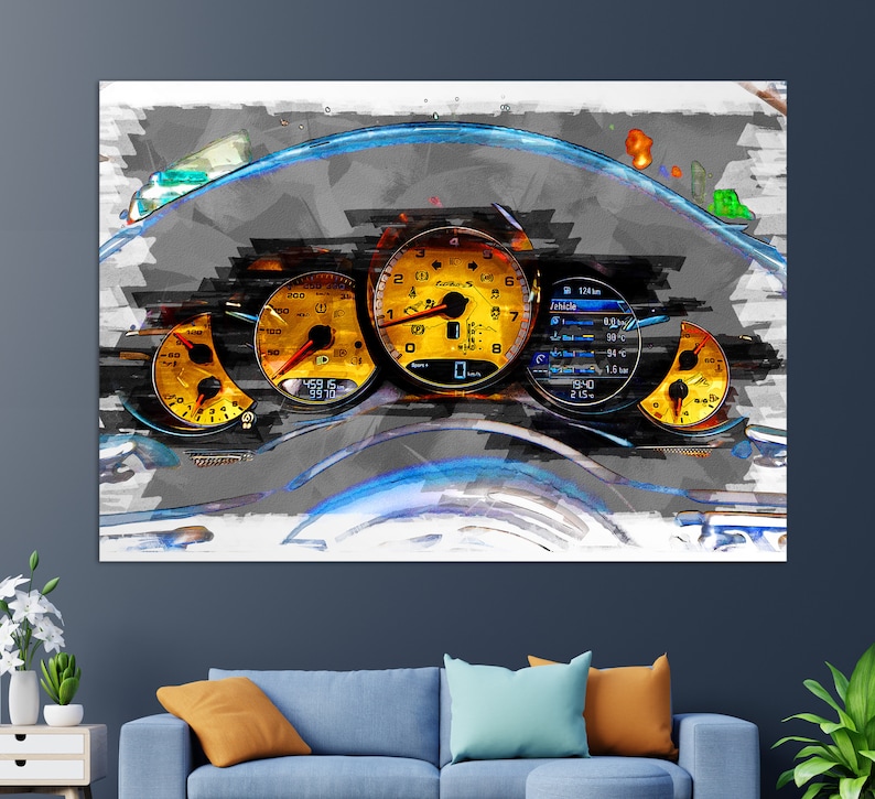 May include: A watercolor-style illustration of a car's dashboard with a speedometer, tachometer, and other gauges. The gauges are yellow and black with white numbers and needles. The background is gray with blue and white accents.