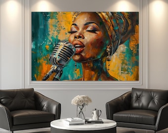 Beautiful African Jazz Singer Oil Painting Canvas Print, Black Woman Singer Print, Jazz Wall Art, Jazz Club Wall Decor