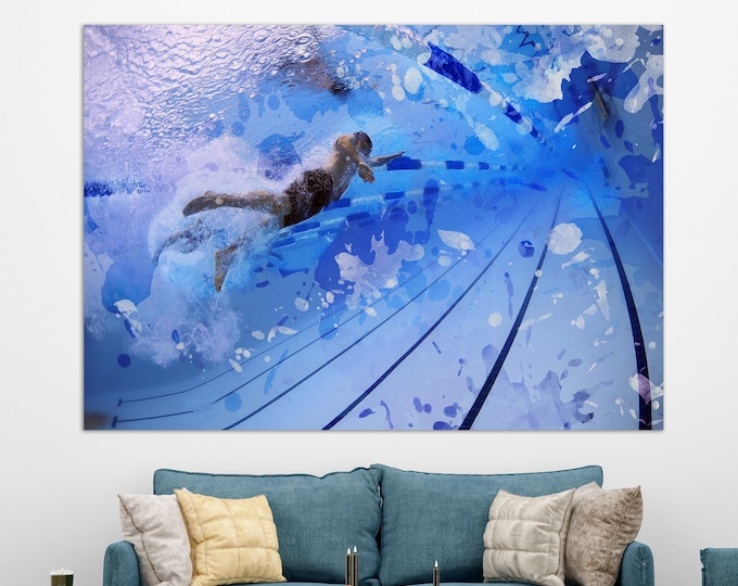 Swimming Canvas Print, Swimming Wall Art, Swimming Pool Painting, Swimmer Gift