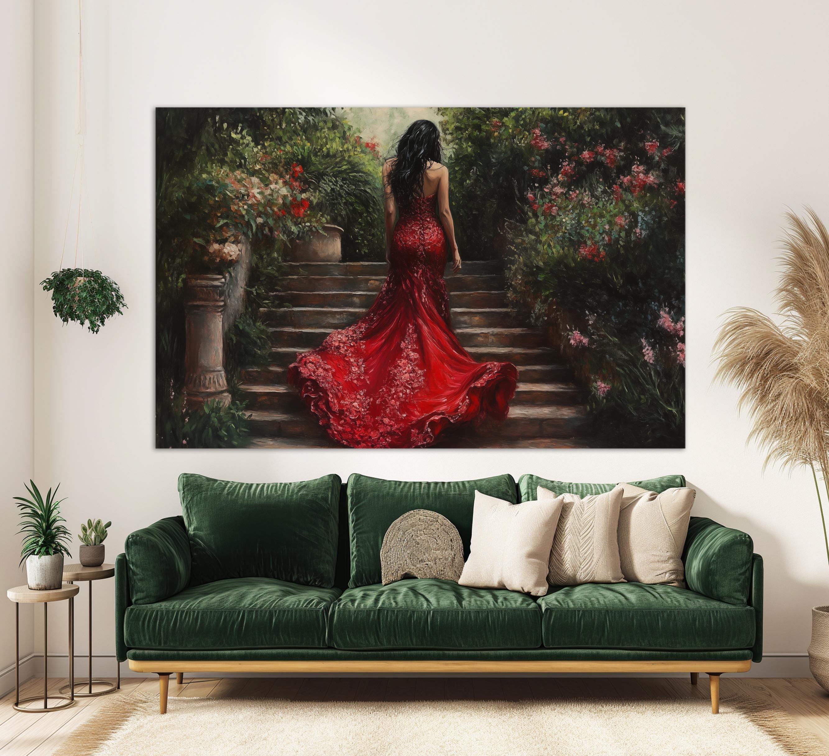 Lady in Red Dress in Garden Painting Canvas Print, Woman in Red