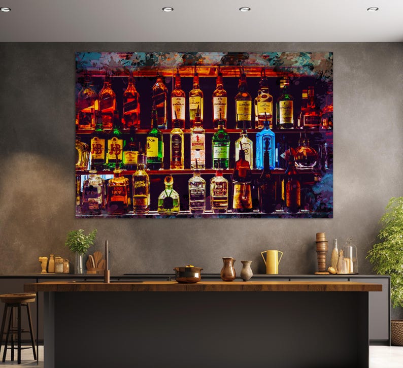 Alcohol Wall Art, Bottles with Alcohol Drinks Canvas Print, Alcohol Painting, Kitchen Wall Decor, Pub Wall Art, Restaurant Print image 3