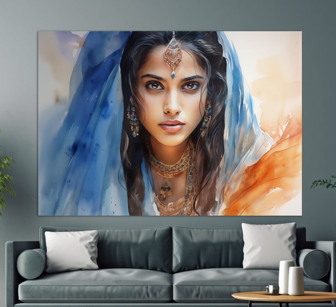 Beautiful Indian Girl Portrait Painting, Indian Woman Canvas Print