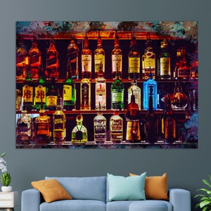 May include: A watercolour painting of a liquor store shelf with a variety of bottles of alcohol. The bottles are arranged in rows and are of different colours and sizes. The shelf is made of wood and has a dark brown finish. The background is a light blue colour.