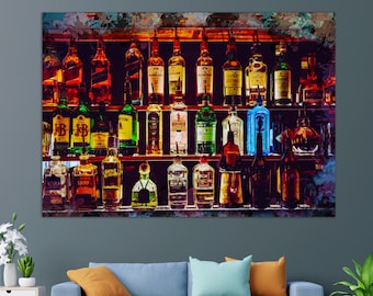 Alcohol Wall Art, Bottles with Alcohol Drinks Canvas Print, Alcohol Painting, Kitchen Wall Decor, Pub Wall Art, Restaurant Print