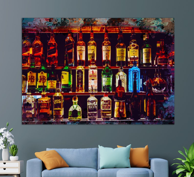 May include: A watercolour painting of a liquor store shelf with a variety of bottles of alcohol. The bottles are arranged in rows and are of different colours and sizes. The shelf is made of wood and has a dark brown finish. The background is a light blue colour.