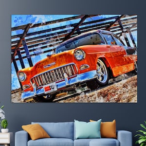 1955 Chevy Bel Air Hot Rod Leinwand Druck, Retro Chevrolet Malerei, Vintage Cars Wandkunst, Retro Chevrolet Leinwand Druck, Retro Autos Malerei