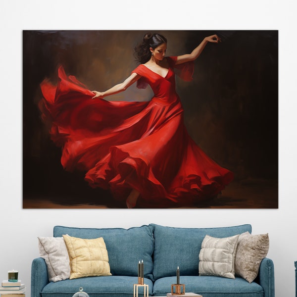 Impression sur toile peinture danse, art mural danse, robe rouge, danseuse peinture tango, déco cours de danse flamenco