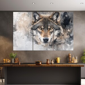May include: A close-up of a wolf's face with a watercolor background. The wolf's fur is brown and gray, and its eyes are a piercing blue. The background is a soft, muted gray with splashes of color.