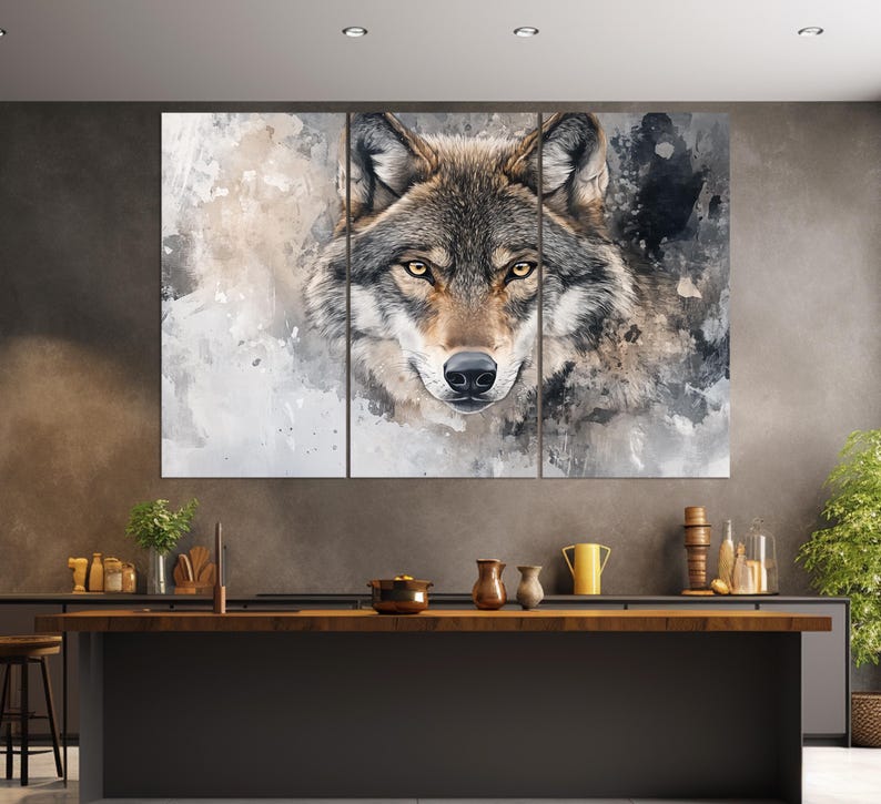 May include: A close-up of a wolf's face with a watercolor background. The wolf's fur is brown and gray, and its eyes are a piercing blue. The background is a soft, muted gray with splashes of color.