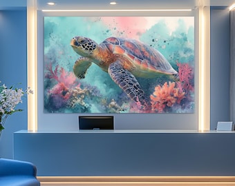 Sea Turtle Canvas Print, Underwater Canvas Art, Turtle Wall Art, Turtle Painting, Turtle Poster, Underwater Colorful Canvas Art